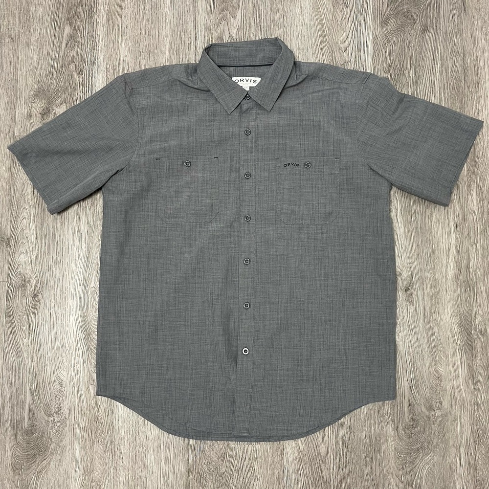 Orvis Shirt Mens Large Gray Chambray Tech Woven Hiking Fishing Short Button Up